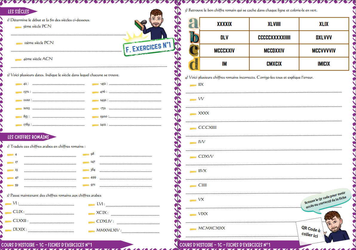 Fiche d'exercices sur les chiffres romains et les siècles
